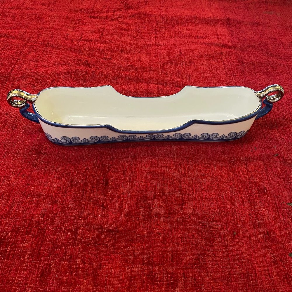 Vintage Bombay Company Silverware Caddy, Blue and White with Silver Trim